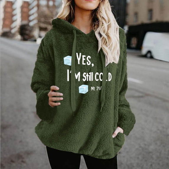 AGWOLF Womens Letter Print Hoodies Fuzzy Fleece Long Sleeve Sweatshirts Warm Hooded Drawstring Pullover Tops with Pocket