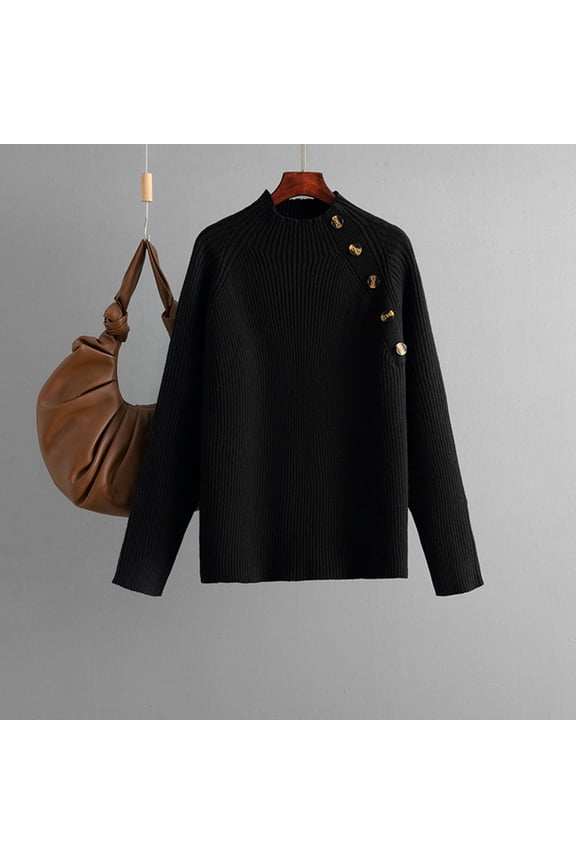Womens Lightweight Sweaters Casual Mock Neck Ribbed Knit Jumper Fall Button Side Long Sleeve Pullover