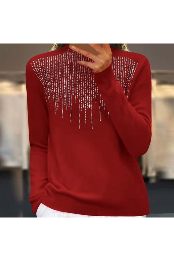 Womens Lightweight Sweaters Cozy Mock Neck Knit Sweater Casual Sequin Solid Color Blouse Pullover