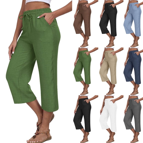 AGWOLF Womens Linen Capris Dressy Casual Straight Leg Crop Pant Summer Solid Elastic Waist Capris Beach Vacation Trousers Beige XXL