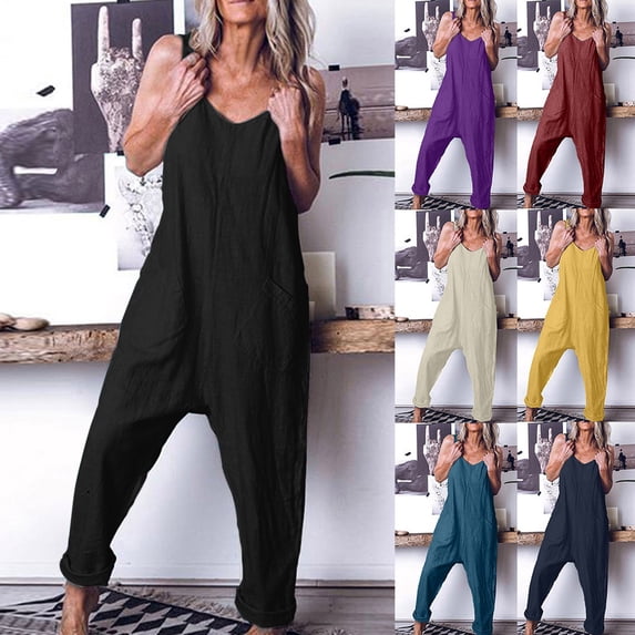AGWOLF Womens Linen Jumpsuits V Neck Sleeveless Overalls Plus Size Harem Long Pants Rompers with Pockets Casual Summer Loungewear Purple S