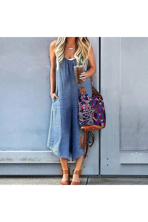 Womens Linen One Piece Jumpsuits Comfy Spaghetti Strap Rompers Wide Leg Long Pants Overalls Casual Summer Jumpsuit