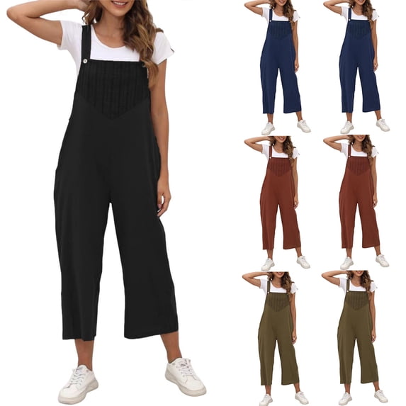 AGWOLF Womens Linen Overalls Plus Size Adjustable Strap Bib One Piece Wide Leg Sleeveless Pants Jumpsuits Summer Boho Rompers with Pockets Army Green L