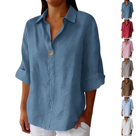 AGWOLF Womens Linen Shirts Dressy Casual Henley Collar Blouses Elbow Sleeves Work Blouses Summer Tops for Women