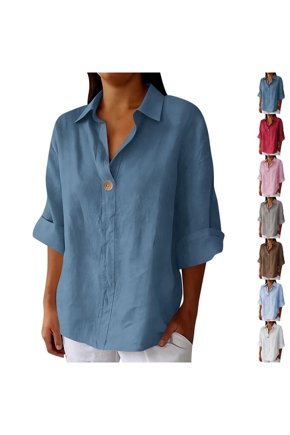Womens Linen Shirts Dressy Casual Henley Collar Blouses Elbow Sleeves Work Blouses Summer Tops for Women