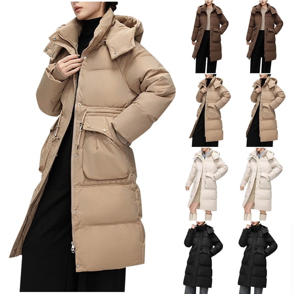 AGWOLF Womens Long Puffer Jackets Warm Winter Coats with Hood Casual Long Sleeve Down Jacket Thickened Thermal Outerwear with Pockets Snow Outwear