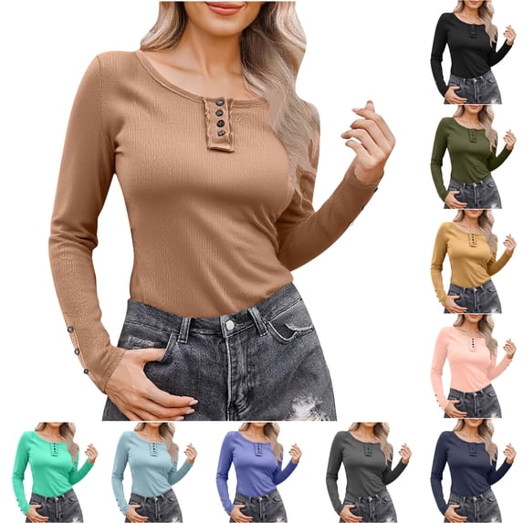 AGWOLF Womens Long Sleeve Henley Shirt Slim Fit Crewneck Tops Lightweight Button Down Tshirts Fall Fashion Pullover