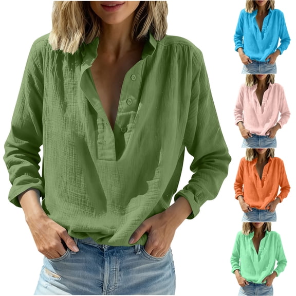 AGWOLF Womens Long Sleeve Shirts Dressy Casual Linen Blouses Loose Fit Henley Collar Shirt Summer Beach Tops