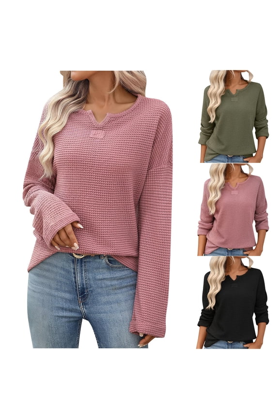 Womens Long Sleeve Shirts Oversized Split Neck Waffle Knit Pullover Loose Fit Solid Color Basic Tee Dressy Casual Tunic Blouses Army Green M
