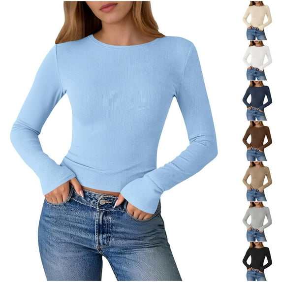 AGWOLF Womens Long Sleeve Shirts Ribbed Knit Fitted Basic Tees Going Out Solid Color Tops Underscrub Fall Lightweight Clothes