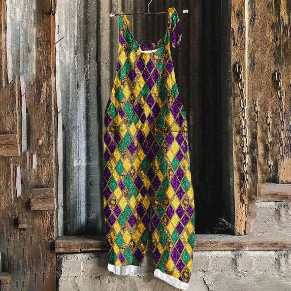 AGWOLF Womens Mardi Gras Jumpsuits Plus Size Carnival Wide Leg Adjustable Strap Overalls Holiday Graphic Sleeveless Rompers Mardi Gras Outfit for Women Multicolor S