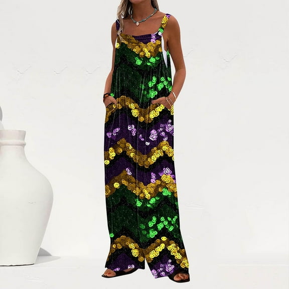 AGWOLF Womens Mardi Gras Jumpsuits Sleeveless Sequin Print Wide Leg Overalls Button Strap Party Rompers with Pockets