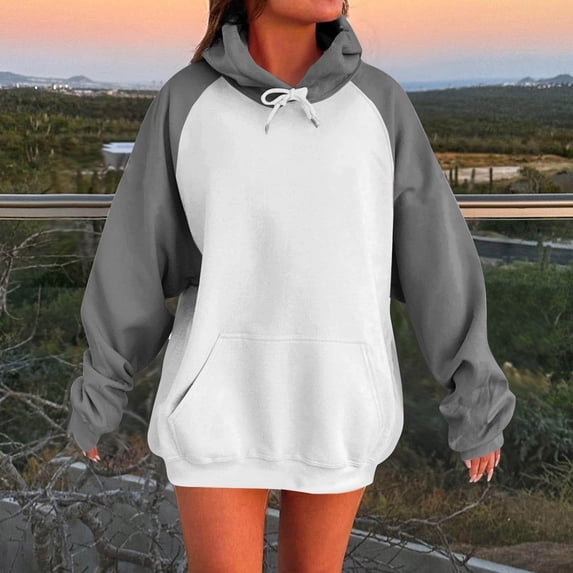 AGWOLF Womens Oversized Hoodies Preppy Color Block Long Sleeve Sweatshirts with Kangaroo Pockets Lightweight Hooded Tops Fall Winter Fashion Clothes