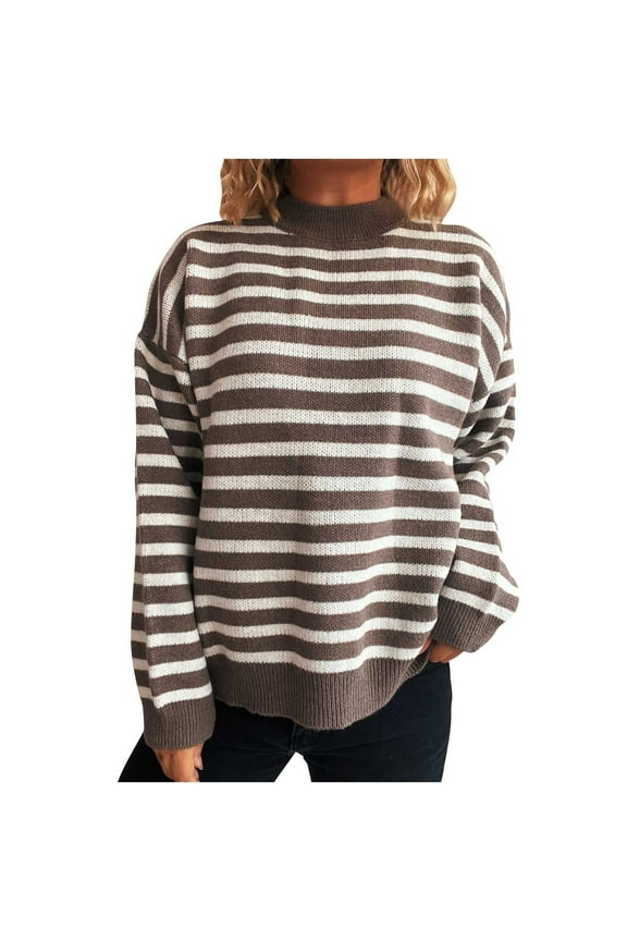 Womens Oversized Sweaters Comfy Striped Mock Neck Pullover Ugly Knit Shirts Fall Winter Tops