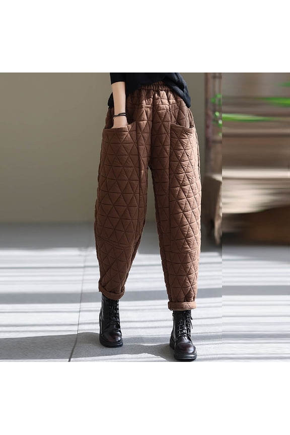 Womens Padded Quilted Sweat Pants Winter Thermal Pockets Baggy Pant Solid Elastic Waist Lounge Trousers