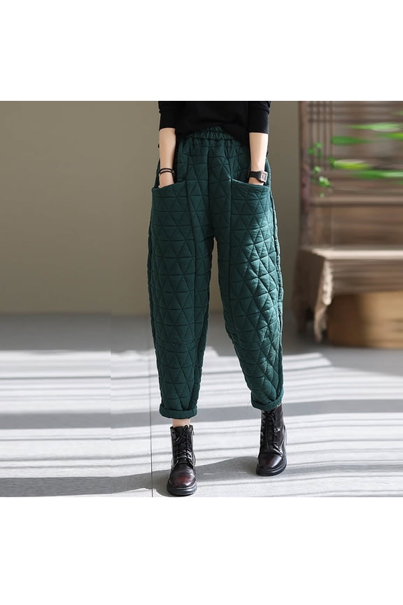 Womens Padded Quilted Sweat Pants Winter Thermal Pockets Baggy Pant Solid Elastic Waist Lounge Trousers