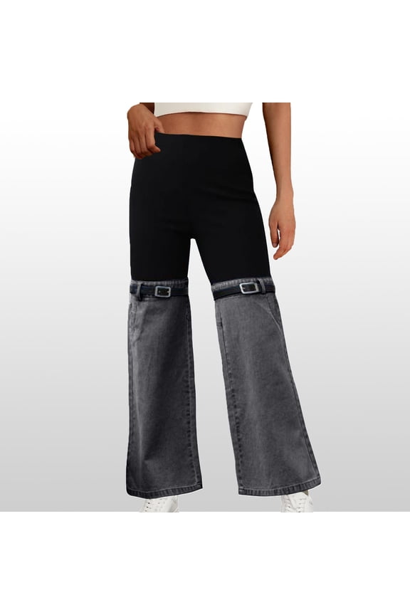 Womens Patchwork Jeans Two Tone Flare Wide Leg Domin Pants Color Block Y2K Streetwear Pant