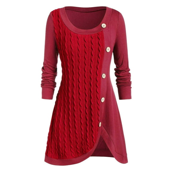 AGWOLF Womens Plus Size Sweater Dress Slim Crewneck Cable Knit Dresses Y2K Button Patchwork Tunic Sweaters