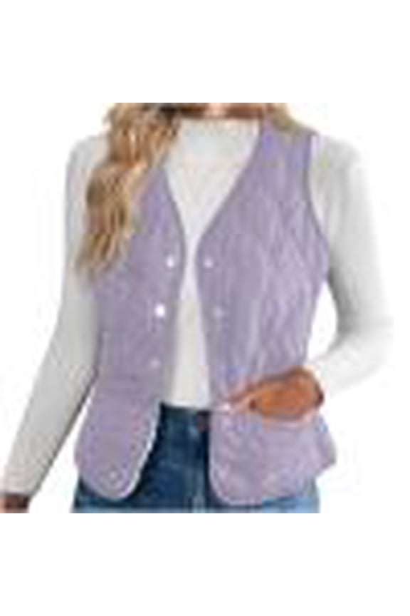 Womens Puffer Vest Lightweight V Neck Sleeveless Cropped Quilted Jackets Button Down Coat Outerwear with Pockets Fall Winter Clothes Purple M