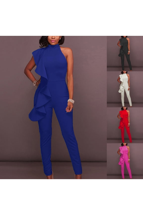 Womens Ruffle Jumpsuits Dressy Casual Sleeveless Rompers Slim Fit Straight Leg Pants One Piece Jumpsuits Business Work Romper
