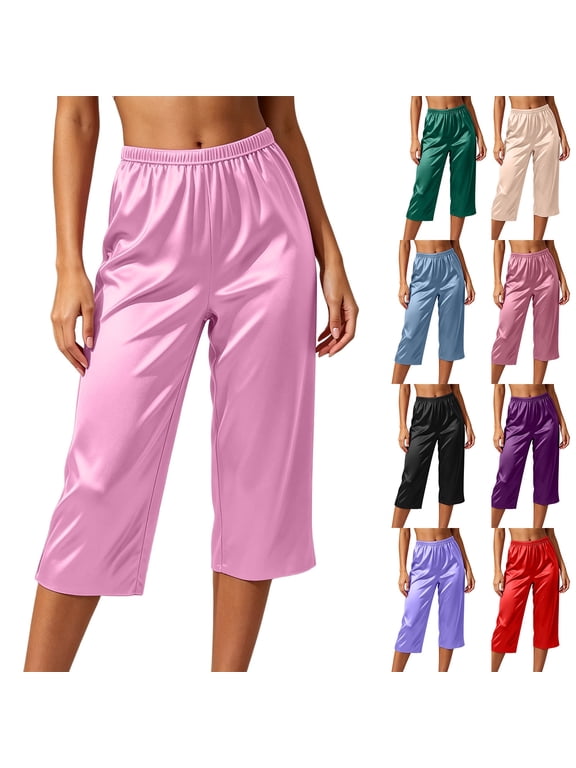 Womens Satin Capri Pajamas Pants Sleep Pant Silky Loungewear Nightwear Culottes Slip Lounge Pj Bottoms With a Pocket Purple L