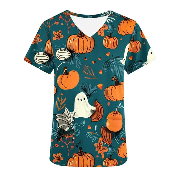 AGWOLF Womens Scrubs Clearance 2024 Halloween Scrub Tops Funny Ghost Print Short Sleeve V Neck Working Shirts Nurse Uniform Workwear with Pockets