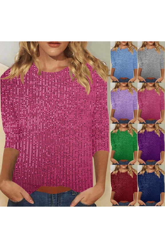 Womens Sequin Holiday Tops 3/4 Sleeve Sparkly Tshirts Fashion Crewneck Shiny Shirts Lightweight Glitter Tunic Party Night Out Tops