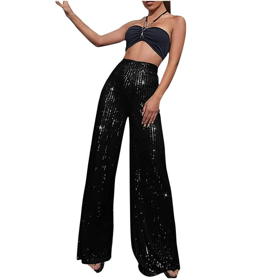 AGWOLF Womens Sequin Pants High Waist Glitter Bell Bottoms Sparkle Wide Leg Trousers Palazzo Flare Leg Pants Party Clubwear