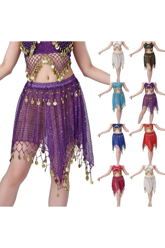 Womens Sequin Tassel Skirt Glitter Sparkly Fringe Belly Dance Hip Scarf Metallic Rave Party Costume