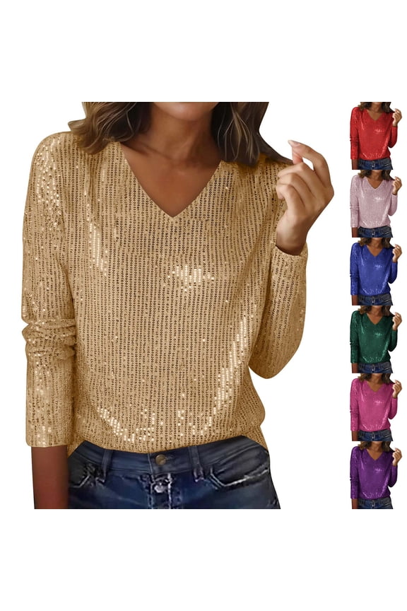 Womens Sequin Tops Shiny V Neck Long Sleeve Shirts Dressy Evening Concert Glitter Tees Glitter Party T Shirts