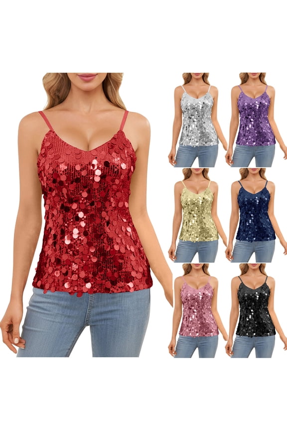 Womens Sequin Tops Sparkly Glitter Party Tanks Strappy Sleeveless Shimmer Camisole Fashion Night Out Clubwear Shirts