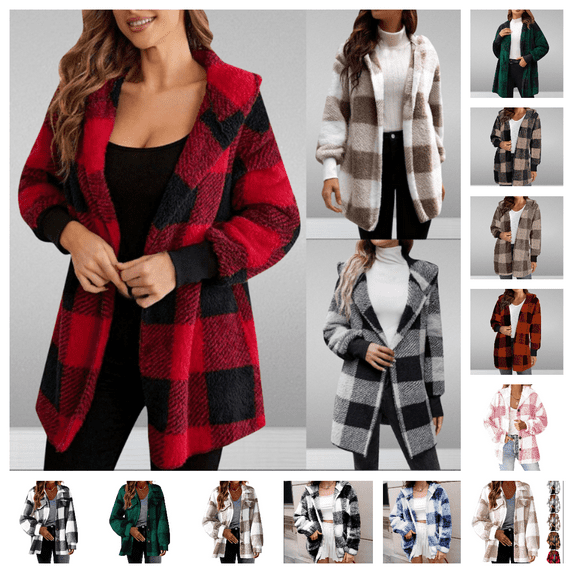 AGWOLF Womens Sherpa Fleece Plaid Jacket Button Down Hooide Jacket Oversized Fuzzy Fleece Button Down Shacket Warm Plush Tartan Coat Outerwear with Pockets