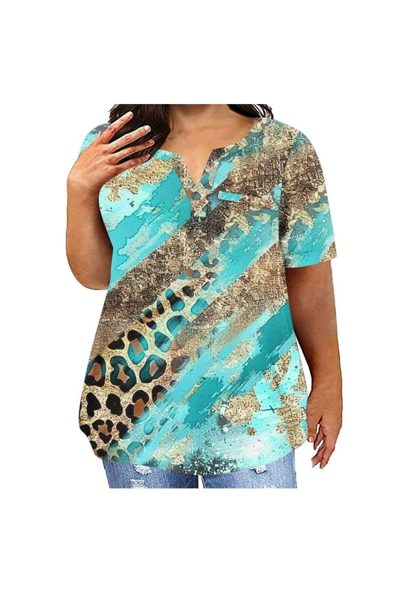 Womens Short Sleeve Tunic Blouse Plus Size Leopard Print Shirts V Neck Lightweight Loose Tops Casual Summer Clothing Green XXXXXL