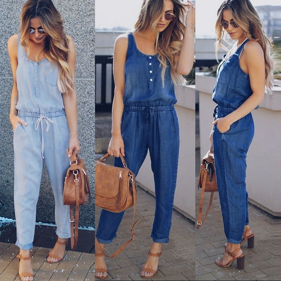 AGWOLF Womens Sleeveless Jumpsuits Casual Summer Scoop Neck Button Down Overalls with Pockets Loose Fit Elastic Waist Rompers