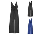 thumbnail image 1 of AGWOLF Womens Sleeveless Jumpsuits Dressy Wide Leg Long Pants Rompers Deep V Neck Ruched Drawstring Overalls Casual Vacation Outfits Black M, 1 of 5