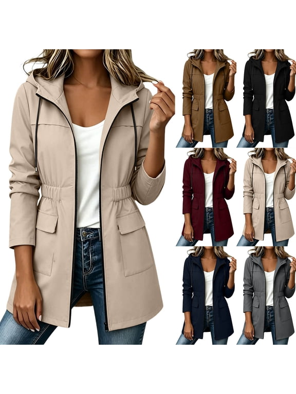 Womens Softshell Rain Jacket Waterproof Windproof Lightweight Hooded Rain Coats Cinched Waist Long Anorak Jacket with Pockets Black M