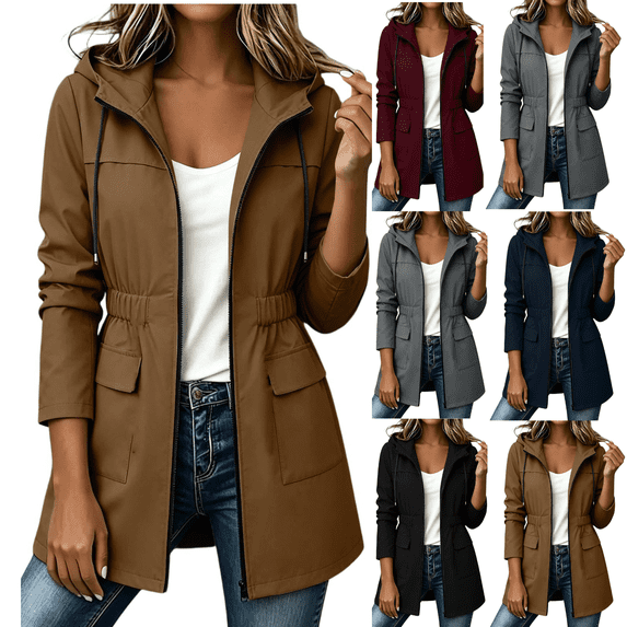 AGWOLF Womens Softshell Rain Jacket Waterproof Windproof Lightweight Hooded Rain Coats Cinched Waist Long Anorak Jacket with Pockets Coffee XL