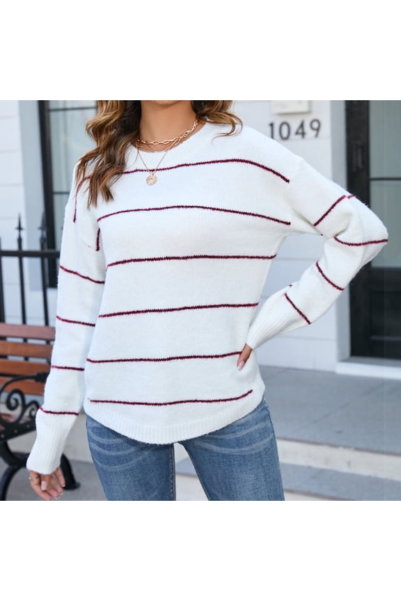 Womens Striped Sweaters Chunky Crewneck Ribbed Knit Pullover Casual Oversized Long Sleeve Tops