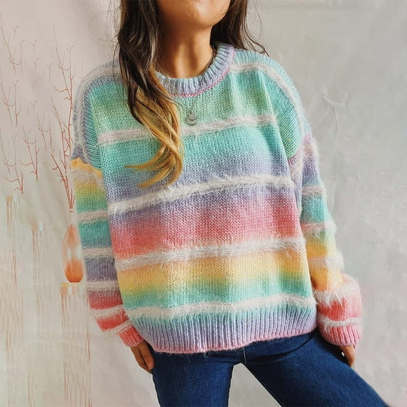 AGWOLF Womens Striped Sweaters Cute Rainbow Colorful Knit Pullover Y2K Mock Neck Tops Fall Winter Jumper