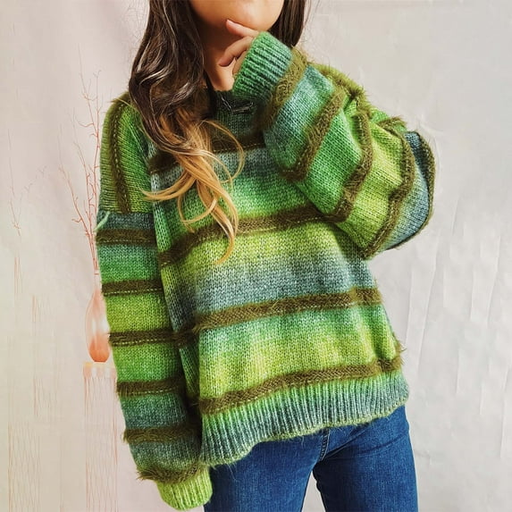 AGWOLF Womens Striped Sweaters Cute Rainbow Colorful Knit Pullover Y2K Mock Neck Tops Fall Winter Jumper