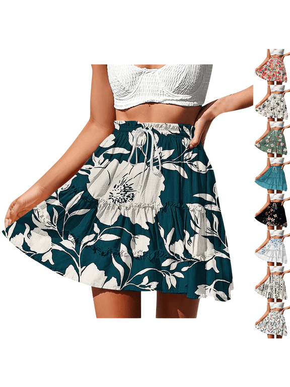 Womens Summer Boho Skirts High Waist Tiered Flowy Mini Skirt Drawstring A Line Pleated Short Skirt for Holiday Party Multicolor XXXL