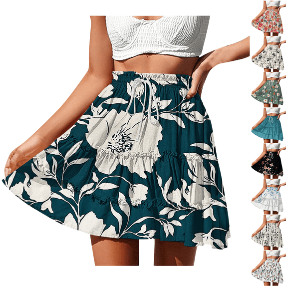 AGWOLF Womens Summer Casual Mini Skirts High Wiasted Layered Ruffle Short Skirt Drawstring Floral Skirt Holiday Party Boho Skort Sky Blue XXL