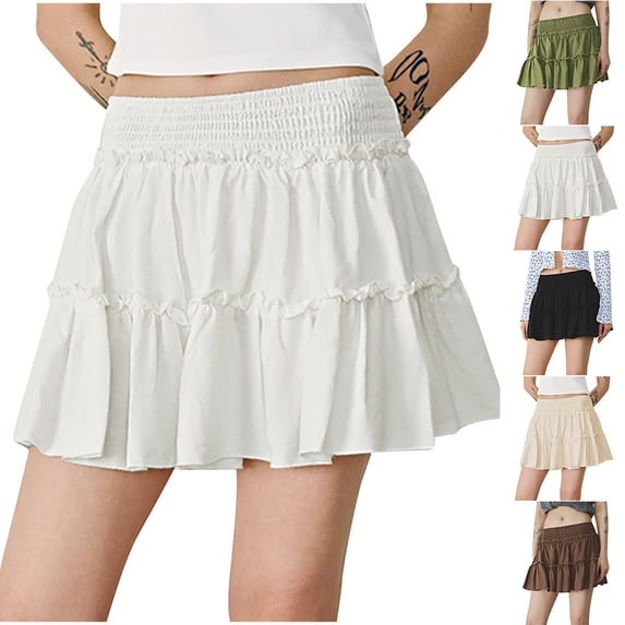 AGWOLF Womens Summer Flowy Mini Skirts Elastic High Waist Ruffle Tiered Casual Short Skirt Cute Boho Beach Skirts Green XL