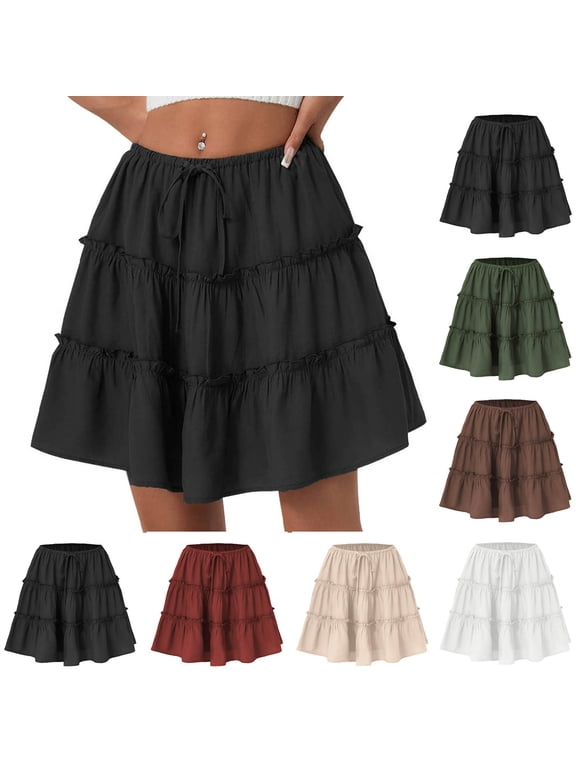 Womens Summer Flowy Mini Skirts High Waist Ruffle Tiered Casual Skirt Cute Boho Beach Skirts Beige M