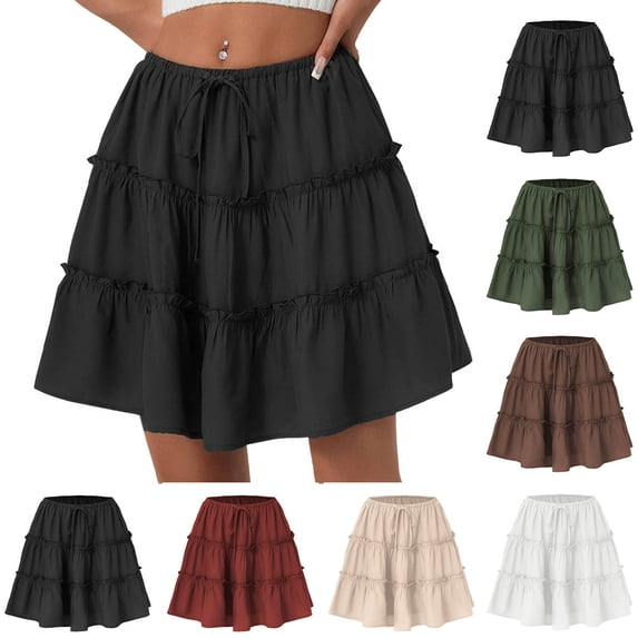 AGWOLF Womens Summer Flowy Mini Skirts High Waist Ruffle Tiered Casual Skirt Cute Boho Beach Skirts Green XL