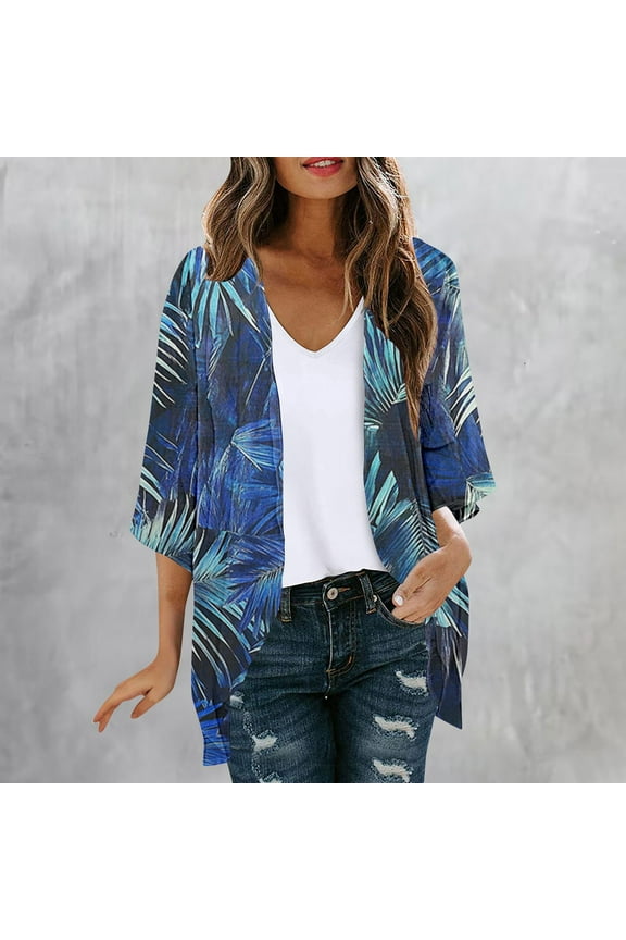 Womens Summer Tops 3/4 Length Sleeve Kimono Cardigans Casual Chiffon Open Front Thin Jackets Beach Boho Cover Ups Blue,M