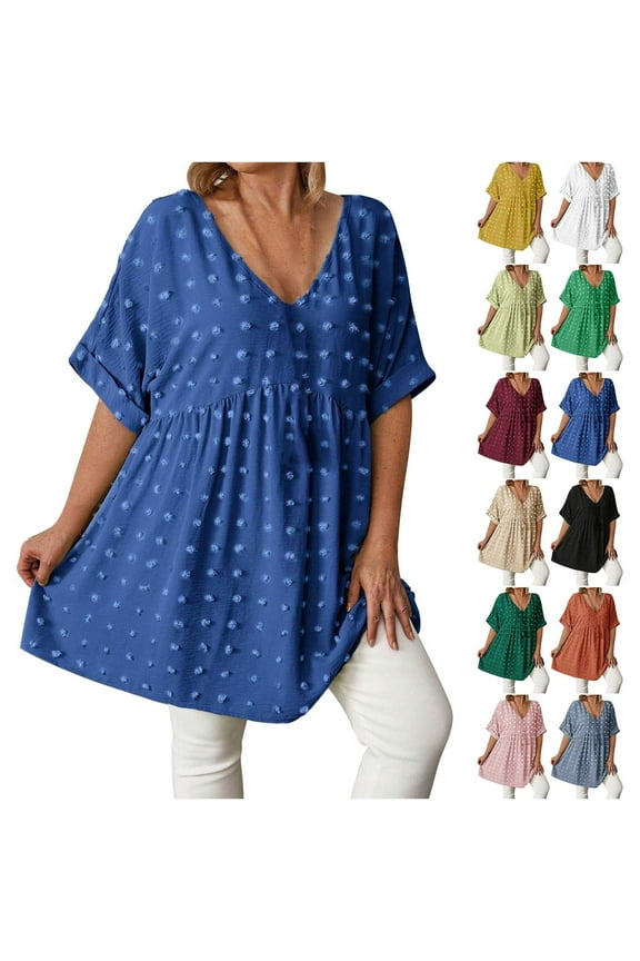 Womens Swiis Fot Tops Plus Size V Neck Blouses Dressy Casual Babydoll Peplum Shirts Oversized Rolled Short Sleeve Swing T Shirts Orange XXXXL