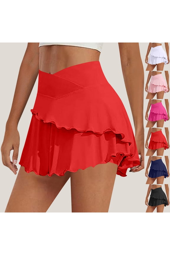 Womens Tennis Skirt Layered Ruffled Pleated Athletic Skirts with Pockets High Waisted Golf Skort for Workout Pickleball Red S