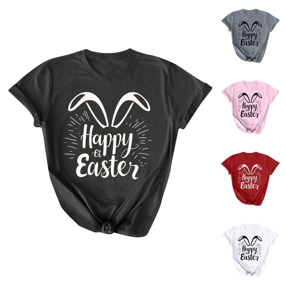 AGWOLF Womens Tops for $5 Happy Easter Shirts for Women Cute Letter Printed Rabbit Graphic Tee Casual Short Sleeve Crewneck Tops Easter Gift for Teen Girls