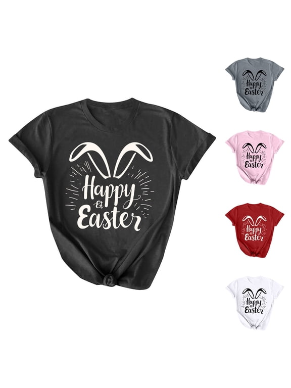 Womens Tops for $5 Happy Easter Shirts for Women Cute Letter Printed Rabbit Graphic Tee Casual Short Sleeve Crewneck Tops Easter Gift for Teen Girls